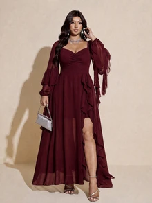 Viva Relle Plus Size Women's Ruched Bust Flowy Hem Long Dress With Ruffle Trim, Suitable For Dating, Cocktail Party, Party And Other Occasions Fall - Burgundy - View 5