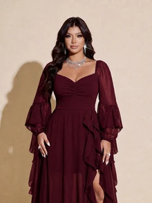 Viva Relle Plus Size Women's Ruched Bust Flowy Hem Long Dress With Ruffle Trim, Suitable For Dating, Cocktail Party, Party And Other Occasions Fall - Burgundy - View 4