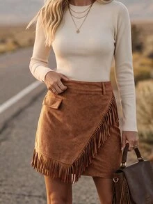 LanaWest Women's Solid Color Tassel Design Casual Versatile Mini Skirt - Brown - View 4