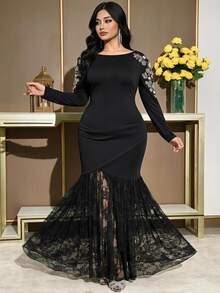 Feyla Plus Size Women's Lace Patchwork Elegant Waist-Cinched Party Dinner Dress New Year Black Fall - Black - View 1