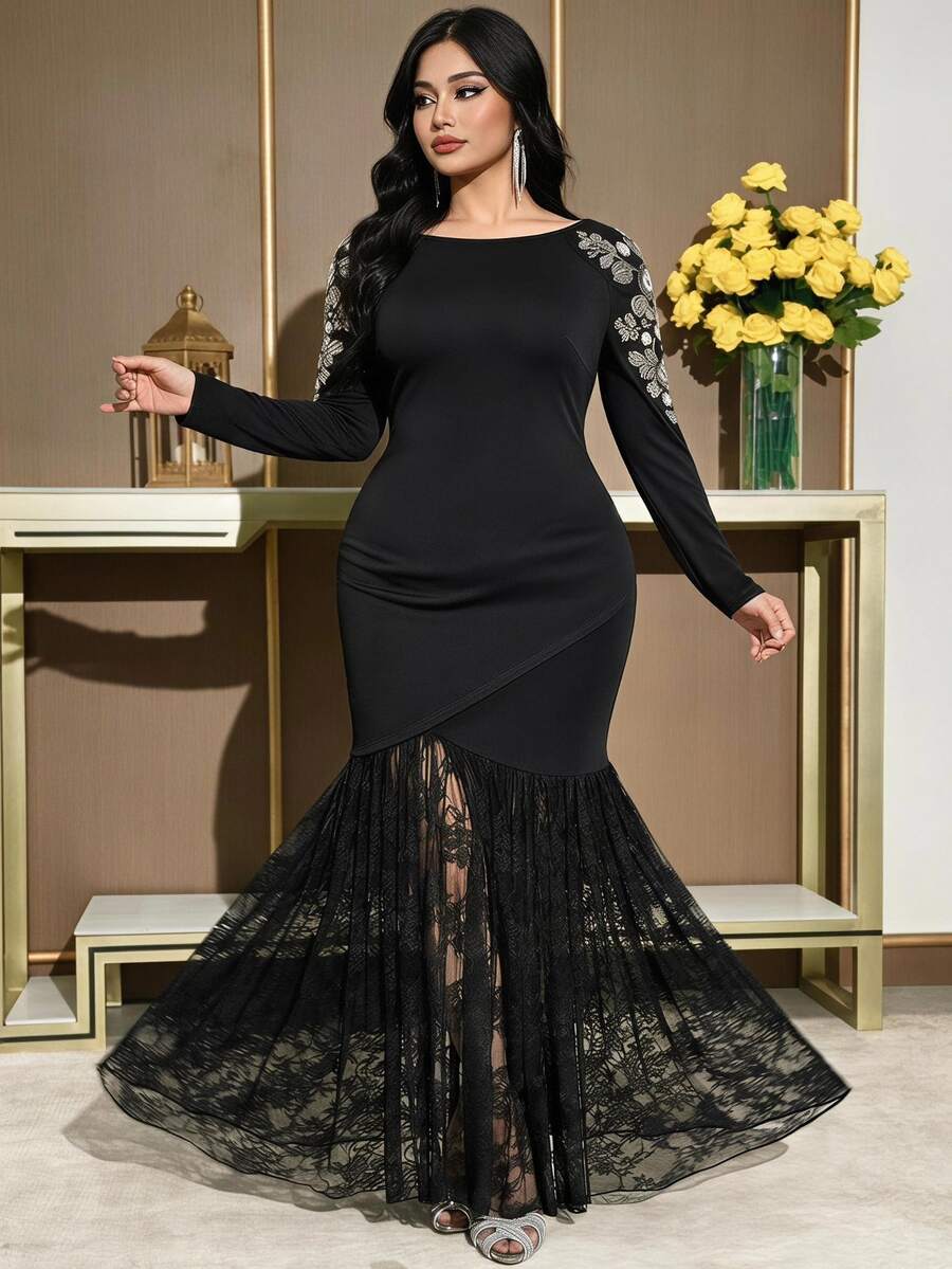 Feyla Plus Size Women's Lace Patchwork Elegant Waist-Cinched Party Dinner Dress New Year Black Fall - Black - View 1