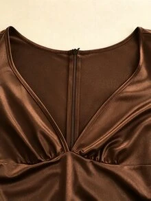 GlowEve Women's Black Satin Puff Sleeve Short Dress, Deep V-Neck, Lace Hem, Ruched Waist, Fitted Silhouette, Formal Party Evening Wear - Brown - View 4