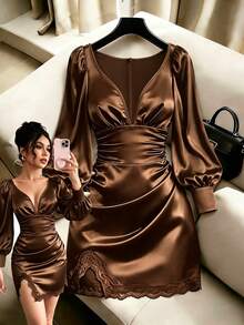 GlowEve Women's Black Satin Puff Sleeve Short Dress, Deep V-Neck, Lace Hem, Ruched Waist, Fitted Silhouette, Formal Party Evening Wear - Brown - View 1