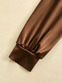 GlowEve Women's Black Satin Puff Sleeve Short Dress, Deep V-Neck, Lace Hem, Ruched Waist, Fitted Silhouette, Formal Party Evening Wear - Brown - View 7