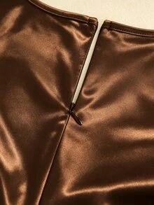 GlowEve Women's Black Satin Puff Sleeve Short Dress, Deep V-Neck, Lace Hem, Ruched Waist, Fitted Silhouette, Formal Party Evening Wear - Brown - View 6
