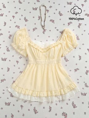 Elamini White And Yellow Summer Cottagecore Romantic Brunch Tea Party Picnic Cotton Shirt Cutout Polka Dot Lace Patchwork Peter Pan Collar Top