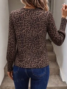 SHEIN LUNE Beige Print Round Neck Lantern Sleeve Cuff Casual Sexy Commute Elegant Streetwear Autumn/Winter Base Layer Top For Women Night Out - Multicolor - View 2