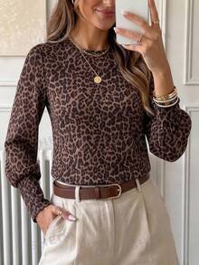 SHEIN LUNE Beige Print Round Neck Lantern Sleeve Cuff Casual Sexy Commute Elegant Streetwear Autumn/Winter Base Layer Top For Women Night Out - Multicolor - View 7
