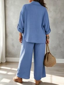 Linhara CURVE Women's Plus Size Spring/Autumn 2 Pieces Set, Beaded Patch Pocket Raw Edge Lapel Shirt, Loose Straight Leg Cropped Pants, Casual Outing Denim Effect Outfit - Dusty Blue - View 2