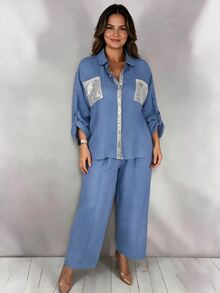Linhara CURVE Women's Plus Size Spring/Autumn 2 Pieces Set, Beaded Patch Pocket Raw Edge Lapel Shirt, Loose Straight Leg Cropped Pants, Casual Outing Denim Effect Outfit - Dusty Blue - View 1