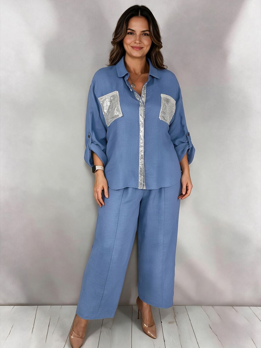 Linhara CURVE Women's Plus Size Spring/Autumn 2 Pieces Set, Beaded Patch Pocket Raw Edge Lapel Shirt, Loose Straight Leg Cropped Pants, Casual Outing Denim Effect Outfit - Dusty Blue - View 1