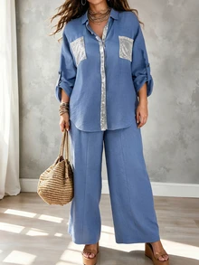 Linhara CURVE Women's Plus Size Spring/Autumn 2 Pieces Set, Beaded Patch Pocket Raw Edge Lapel Shirt, Loose Straight Leg Cropped Pants, Casual Outing Denim Effect Outfit - Dusty Blue - View 3