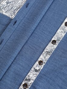 Linhara CURVE Women's Plus Size Spring/Autumn 2 Pieces Set, Beaded Patch Pocket Raw Edge Lapel Shirt, Loose Straight Leg Cropped Pants, Casual Outing Denim Effect Outfit - Dusty Blue - View 5