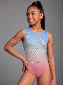 青少年女孩無袖連身運動服，異國風運動套裝，漸層印花，淺藍色配水鑽，適合瑜伽、健身房、舞蹈、夏季穿著 - 彩色 - 查看 6