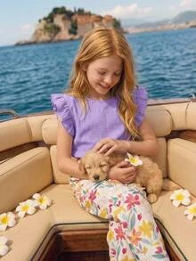 Joliand Joliand Tween Girls T-Shirt Co-Ords Woven Solid Color Flutter Sleeve T-Shirt & Ditsy Floral Pants Casual Set - Purple - View 5