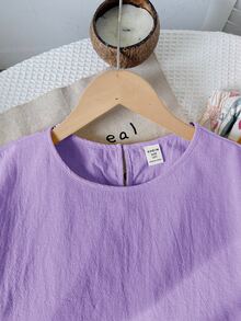 Joliand Joliand Tween Girls T-Shirt Co-Ords Woven Solid Color Flutter Sleeve T-Shirt & Ditsy Floral Pants Casual Set - Purple - View 8