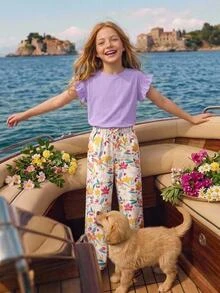 Joliand Joliand Tween Girls T-Shirt Co-Ords Woven Solid Color Flutter Sleeve T-Shirt & Ditsy Floral Pants Casual Set - Purple - View 4