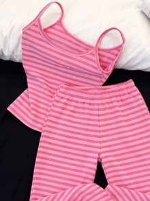 Resyla Women's Striped Camisole Top And Long Pants Casual Daily 2 Pieces Set - Hot Pink - View 3