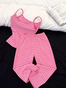 Resyla Women's Striped Camisole Top And Long Pants Casual Daily 2 Pieces Set - Hot Pink - View 1