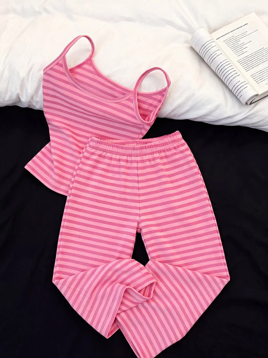 Resyla Women's Striped Camisole Top And Long Pants Casual Daily 2 Pieces Set - Hot Pink - View 1