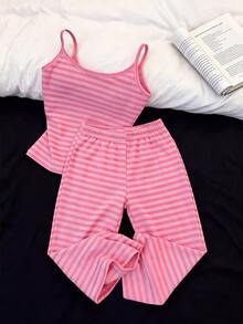 Resyla Women's Striped Camisole Top And Long Pants Casual Daily 2 Pieces Set - Hot Pink - View 2