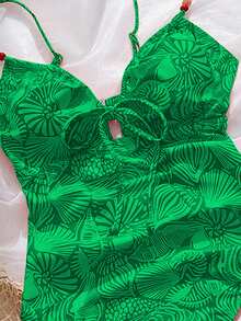 Swim Vcay 女士随机贝壳印花串珠抽绳连体泳衣，橙色，适合夏季海滩度假 - 綠色 - 查看 5