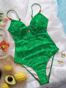 Swim Vcay 女士随机贝壳印花串珠抽绳连体泳衣，橙色，适合夏季海滩度假 - 綠色 - 查看 4