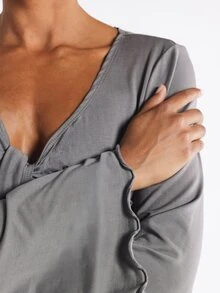 11SKNDS تي شيرت نسائي بلون موحد مطوي كاجوال متعدد الاستخدامات يومي بأكمام طويلة - رمادي - مشاهدة 6