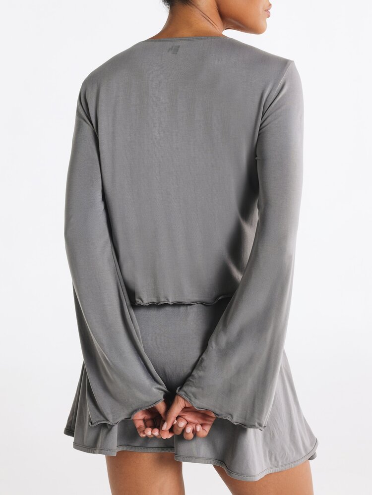 11SKNDS Women's Solid Color Pleated Casual Versatile Daily Long Sleeve T-Shirt - Grey - View 2