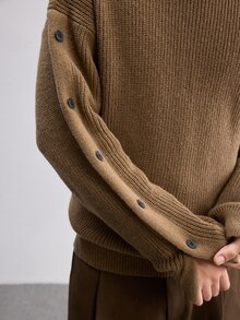 Claim Dot 男士復古羅紋鈕扣長袖針織衫，適合日常穿著 - 棕色 - 查看 8