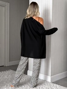 SHEIN طقم بيجاما نسائي 3 قطع من ملابس علوية كامي بطبعة نمر وحافة دانتيل وبنطلون مع روب مفتوح من الأمام بلون سادة، ناعم ومريح وكاجوال - متعدد الألوان - مشاهدة 2