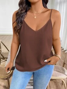 Linhara CURVE Brown Plus Size Cami Top Woven Fabric Spaghetti Strap Twist Back Detail Asymmetrical Hem Regular Fit - Brown - View 3