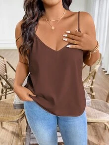 Linhara CURVE Brown Plus Size Cami Top Woven Fabric Spaghetti Strap Twist Back Detail Asymmetrical Hem Regular Fit - Brown - View 2
