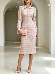 SHEIN Clasi Petal Sleeve Tweed Button Dress, Elegant French Commute Office Tea Party Date Pink Plaid Fall Chic Dress Christmas Dress Autumn Outfit For Women - Pink - View 5