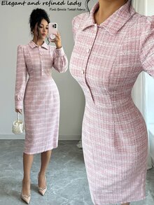 SHEIN Clasi Petal Sleeve Tweed Button Dress, Elegant French Commute Office Tea Party Date Pink Plaid Fall Chic Dress Christmas Dress Autumn Outfit For Women - Pink - View 1