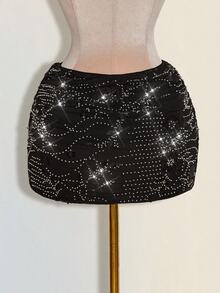 SHEIN ICON 女款亮片刺繡重疊抓皺性感貼身修身裙 派對夜場合 黑色 夏季 萬聖節 - 黑色 - 查看 3
