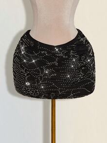 SHEIN ICON 女款亮片刺繡重疊抓皺性感貼身修身裙 派對夜場合 黑色 夏季 萬聖節 - 黑色 - 查看 2