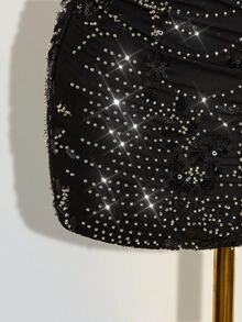 SHEIN ICON 女款亮片刺繡重疊抓皺性感貼身修身裙 派對夜場合 黑色 夏季 萬聖節 - 黑色 - 查看 5