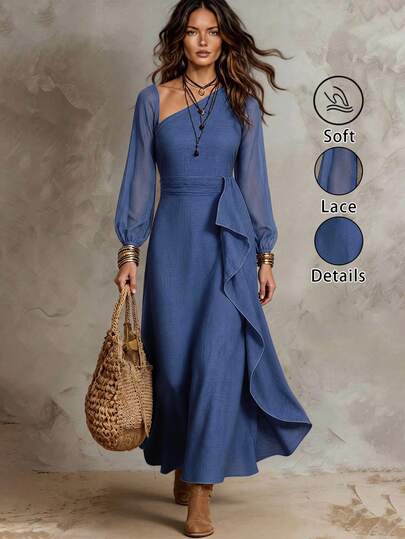 LUMIGAL Women's Navy Blue Ruffle Pleated Slit Design Casual Elegant Bohemian Party Vacation Mid-Length Dress