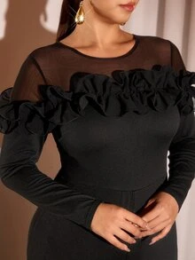 Cravure Plus Size Women Elegant Party Banquet Birthday Dinner Long Ruffle Ruffle Long Sleeve Black Jumpsuit Fall - Black - View 3