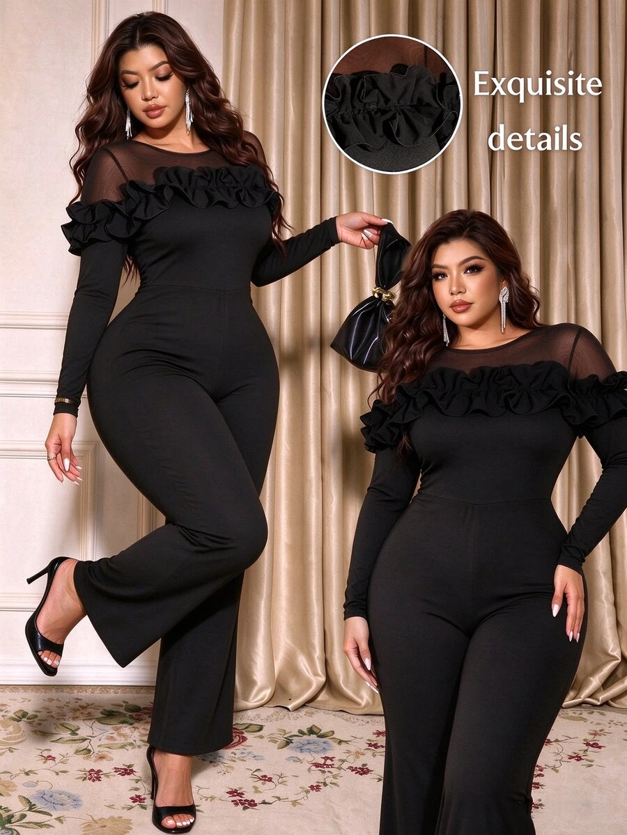 Cravure Plus Size Women Elegant Party Banquet Birthday Dinner Long Ruffle Ruffle Long Sleeve Black Jumpsuit Fall - Black - View 1