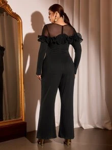 Cravure Plus Size Women Elegant Party Banquet Birthday Dinner Long Ruffle Ruffle Long Sleeve Black Jumpsuit Fall - Black - View 2