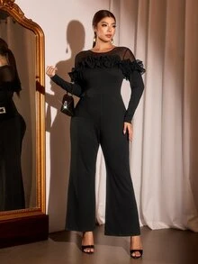 Cravure Plus Size Women Elegant Party Banquet Birthday Dinner Long Ruffle Ruffle Long Sleeve Black Jumpsuit Fall - Black - View 6