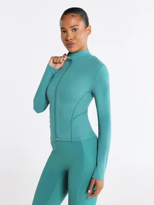 11SKNDS Full Zip Stand Collar Long Sleeve Fitted Sports Jacket With Thumb Holes Moisture Management Stretch Fabric Slim Cut With Breathable, For Gym Workout Fitness, Running, Training & Hy-Rox - Hunter Green - View 5