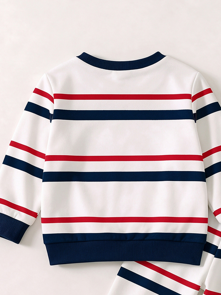 SHEIN 1 Random Set:Baby Boy Striped Horse Print T White Blue Red American Long Sleeve Crew Neck Sweatshirt And Pants Set Fall Autumn Casual Sporty Outfits - Multicolor - View 6