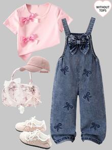 SHEIN 女童牛仔連身褲 四季時尚百搭設計 復古西部牛仔女孩風 中藍色 胸前3D大蝴蝶結搭配淺藍色刺繡 秋季款 - 中等水洗藍 - 查看 4