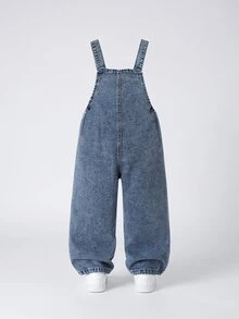 SHEIN 女童牛仔連身褲 四季時尚百搭設計 復古西部牛仔女孩風 中藍色 胸前3D大蝴蝶結搭配淺藍色刺繡 秋季款 - 中等水洗藍 - 查看 3