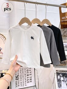 SHEIN 3件組女童百搭馬術刺繡羅紋針織長袖上衣 秋季底層T恤 旅行冬季款 - 彩色 - 查看 6