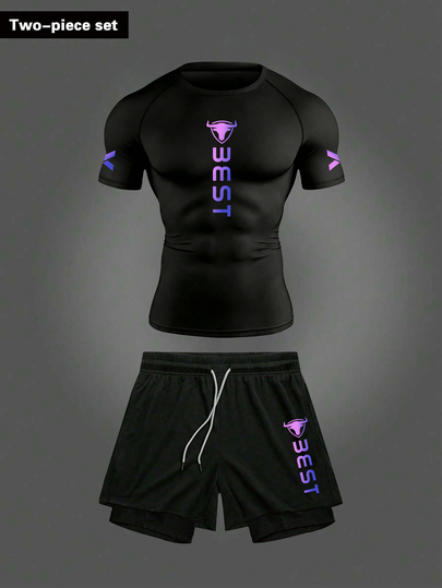 RISE LYT Conjunto esportivo masculino com camiseta e shorts estampados com letras, ideal para academia e treino. Inclui camiseta de compressão e é leve.