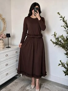 Modelyn Gaun Maxi Lengan Panjang Berlipit Rajut dengan Hiasan Rumbai Warna Kopi untuk Wanita, Set 2 Potong, Musim Gugur/Dingin - Coffee Brown - View 6